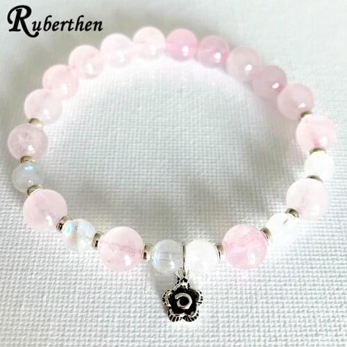 Ruberthen8 mm Rose Quart z Womens Bracelet Natural 6 mm Moonstone Energy Power Bracelet Trendy Handmade Mala Beads Bracelet