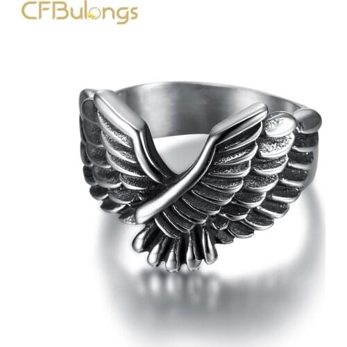 CFBulongs Vintage Flying Eagle Angel Wings Mens Ring 316L Stainless Steel Saint Michael Punk Jewelry Boyfriend Gift