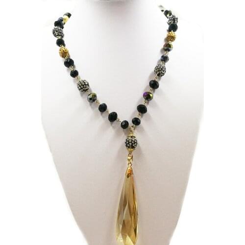 Large Crystal Glass Beaded Chain Long Necklace With Teardrop Pendant
