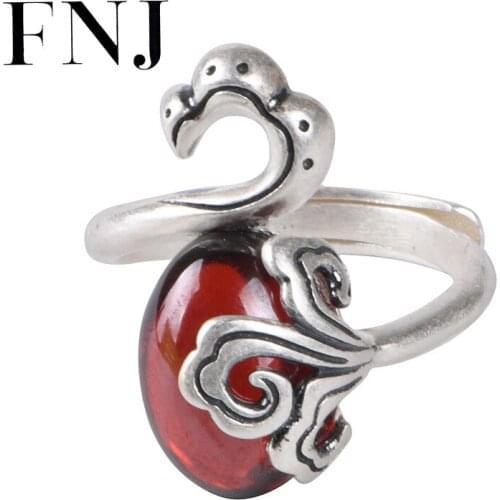 FNJ Flower Ring 990 Silver New Original S990 Sterling Silver Rings for Women Jewelry Adjustable size Black Red Stone Yellow
