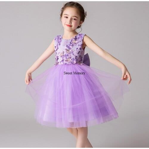 Sweet Memory Kids Flower Girl Dresses Wedding Blue Purple Robes Tank Ball Gown Lace Comunion Dress