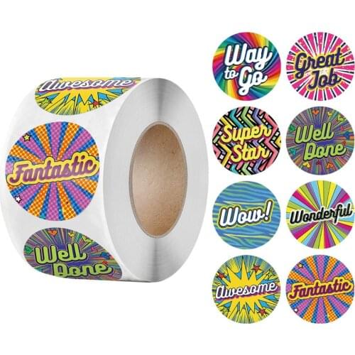 Round Cartoon Stickers 500 Pcs/roll Words Reward Sticker School Teacher Student Christmas Gift Scrapbooking Stickers for Kids