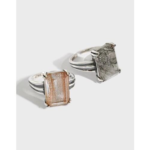 1pc Authentic S925 Sterling Silver Fine Jewelry Natural Square Nugget Sand /Black Quartz Rutilated Ring Adjust TLJ1470