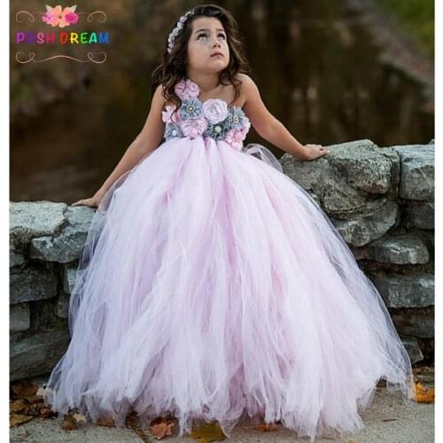 POSH DREAM Brand Girl Dress Princess Pink Flower Girl Dresses Beautiful Grey Pink Children Girl Flower Dresses for Girls 14year