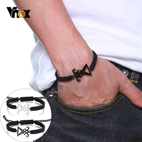 Vnox Stainless Steel Leviathan Cross Lucifer Charm Bracelet Handmade Braided Rope Bracelets for Women Men Christian Jewelry