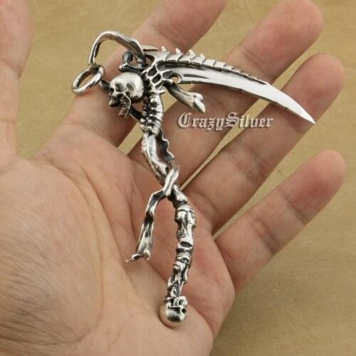 Huge 925 Sterling Silver Grim Reaper Skull Sickle Scythe Biker Pendant TA22