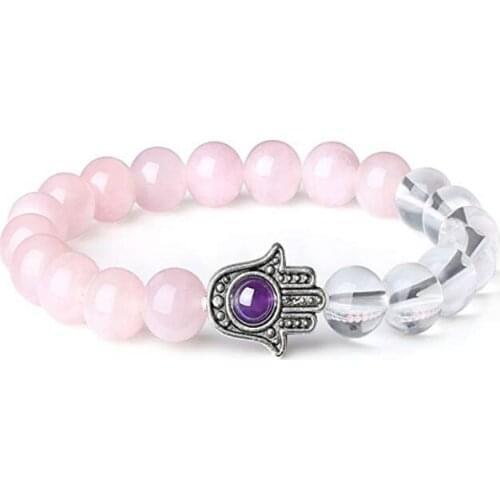 Silver Plated Hand Connect Natural Rose Pink Quartz Round Beads Elastic Bracelet Rock Crystal Jewelry