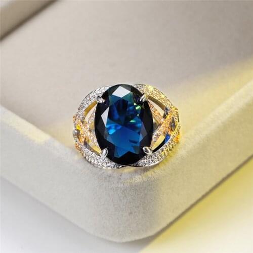 Luxury Male Female Blue Crystal Stone Ring Classic Silver Color Engagement Ring Charm Hollow Oval Wedding Finger Rings For Women