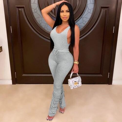 Sexy Womens Two Pieces Sets Running Fitness Wear Low-cut Sleeveless Top Lace Up Stacked Long Pants Summer Autumn Female Outfits