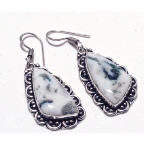 Genuine Tree Agate Silver Overlay on Copper Earrings ,Hand made Women Jewelry Gift , E5376