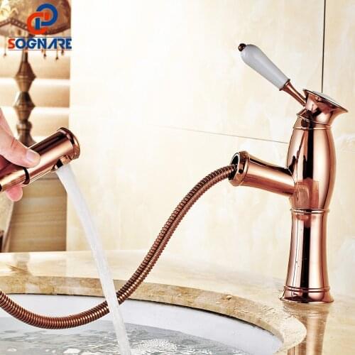 SOGNARE Pull Out Bathroom Water Faucets Hot Cold Water Tap Rose Gold Basin Mixer Single Handle Single Hole Bathroom Taps Crane