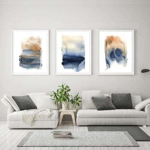 Modern Watercolour Abstract Prints Posters Blue Amber Wall Fine Canvas Paintings Art Pictures Interior Living Room Nordic Decor