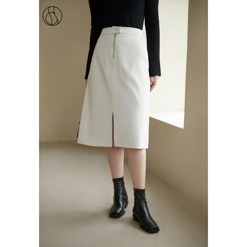 DUSHU Women Skirts Solid High Waist Skirt Simple Commuter Split A-line Skirt Apricot Mid-length Casual Skirt Women High Fashion
