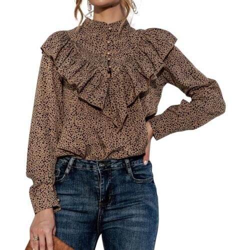 Casual Polka Dot Printed Long Sleeve Women Tops Ruffle Button Stand Collar Vintage Ladies Shirts Elegant Femme Blouses