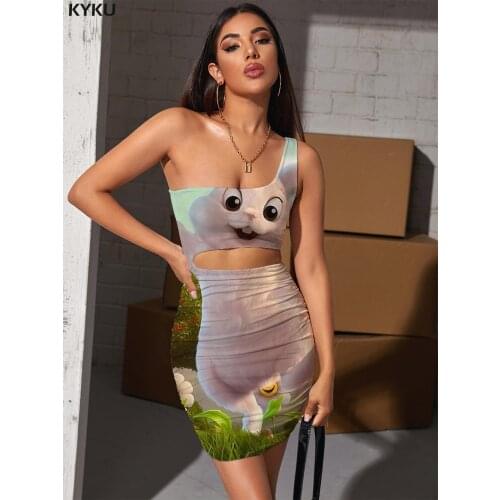 KYKU Animal Dress Women Rabbit 3d Print Flower Hollow out Dresses Lovely Vestido Sexy Womens Clothing Plus Size New Korean Style