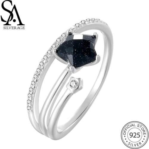 SA SILVERAGE Real 925 Sterling Silver Wedding Rings Black Gemstone Engagement Ring For Woman Silver 925 Jewelry Bridal Sets