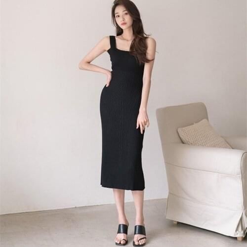 New Arrvials Elegant Green Slim Knitting Dresses For Women Korean Fashion Ribbing Spaghetti Strap Long Dress 2021 Sundress