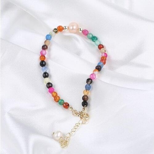 4mm Colorful Natural Faceted Stone Beads 7-8mm Potato Pearl Bracelet Chain Gold Clasp Woman Jewelry