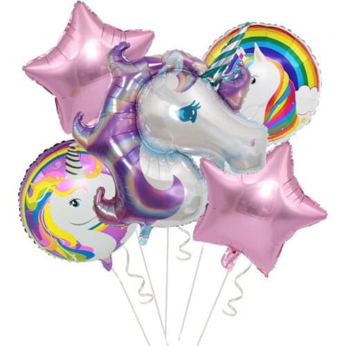 5Pcs Unicorn Balloons Star Round Aluminum Foil Balloon Baby Shower Birthday Party Decoration Kids Rainbow Balls Supplies Decor