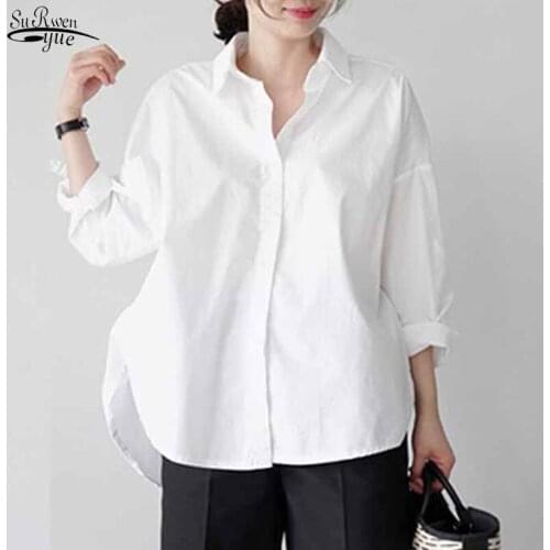 Office Lady Basic Solid Blouse Women Autumn Korean Chic Style Cotton White Shirt Loose Side Split Casual Long Sleeve Tops 12650