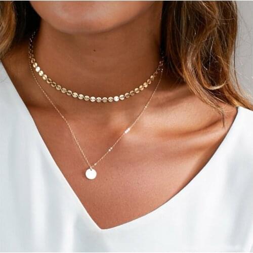 COWBREAD Double Layer Women Necklace Copper Handmade Sequin Simple Necklace Clavicle Chain Neck Fashion Jewelry