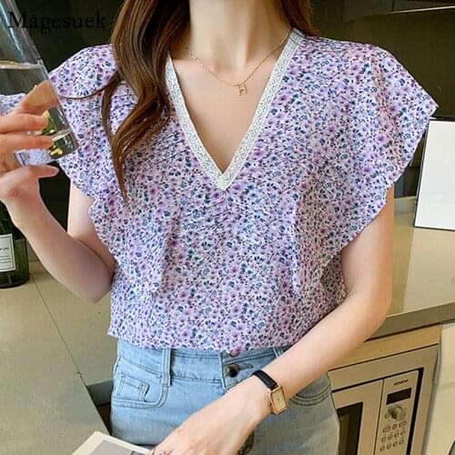 Chic Elegant Cotton Floral Womens Shirt Fashion Ruffles V Neck Sleeveless Tops Women Korean Vintage Loose Print Blouses 14921