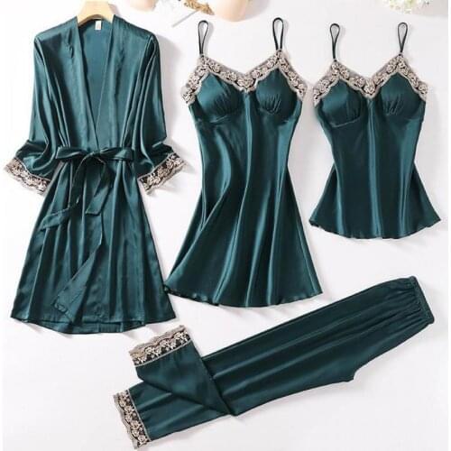 4PCS Kimono Robe Sexy Homewear Women Satin Sleep Set Intimate Lingerie Casual 2021 New Bathrobe Gown Sleepwear Lace Nightwear