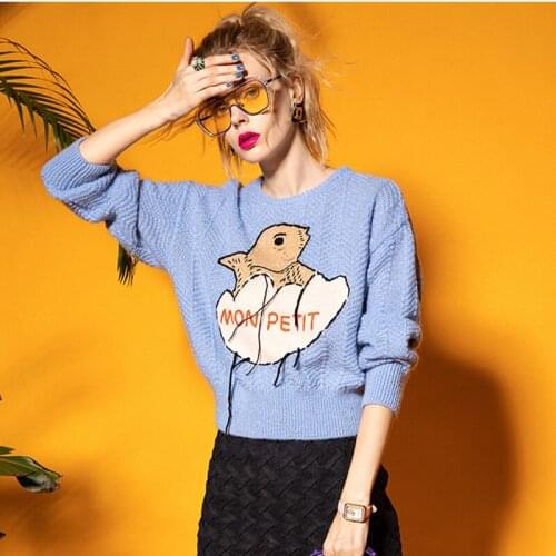 Preppy Style Autumn Winter Women Light Blue Cute Kawaii Cartoon Embroidery Knitted Pullover Cropped Sweater