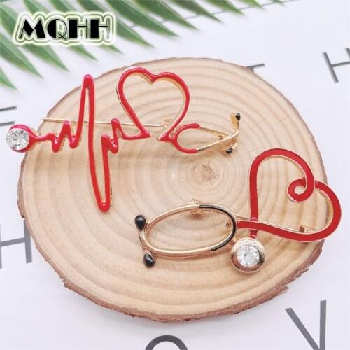Creative Fun Red Stethoscope Electrocardiogram Enamel Pins Heart Alloy Brooch Badge Clothes Accessories Personality Jewelry Gift