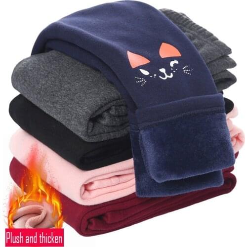 Leggings For Girls New Cute Cat Winter Pants Children Thick Warm Trousers Girls Leggings With Fleece Warm Elastic Waist Cotton