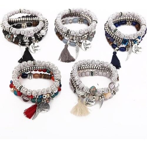 Fashion Feather Wings Elements Imitation Bodhi Beads Bracelet Boho Style Retro Temperament tassel Multilayer Bracelet wholesale