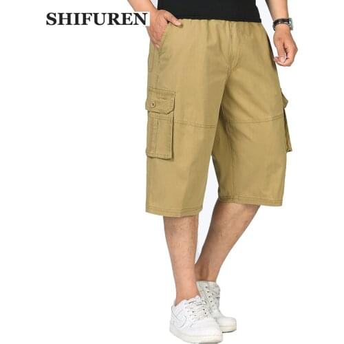 SHIFUREN Mens Cotton Baggy Cargo Shorts Loose Fit Multi-pocket Causal Male Beach Board Trousers Elastic Waist Big Size L-4XL