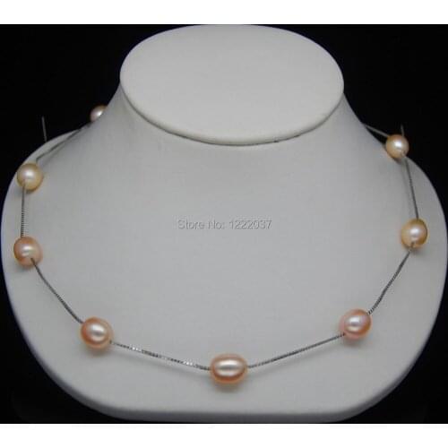Natural Freshwater cultivation 8-9mm AAA+ pink pearl necklaces 925 sterling silver chain