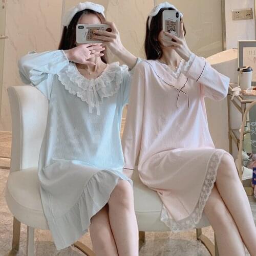2020 Autumn Korean Long Sleeve 100% Cotton Nightgowns Women Cute Lace V-neck Sleepwear Night Dress Nightdress Home Dress Nighty