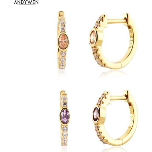 ANDYWEN New 925 Sterling Silver Gold Champagne Purple Luxury Huggies Clips Hoops Earring Women Wedding Birthday Jewellry CZ
