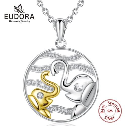 Eudora 925 Sterling Silver Elephant and Gold Elephants Pendant necklace with AAA CZ Round statement necklaces Women Jewelry D508
