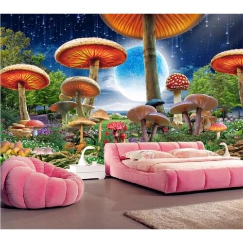 Custom 3d photo wallpaper fairy tale world at night mushroom dream scene landscape painting childrens room background wallpaper