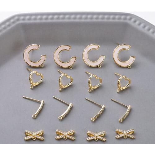 2pcs Korean fashion Copper plated zircon bow love heart stud Earrings C-shaped earrings needles DIY handmade jewelry material