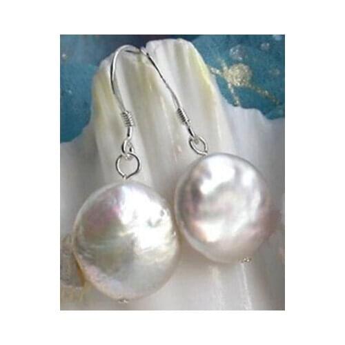 11-12mm Natural White Coin Freshwater Pearl 925 Silver Dangle Earrings