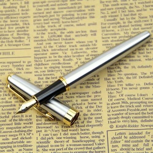 BAOER 388 Chic Stainless Steel Fountain Gold Trim M Nib Size Pen Silver Q1JC