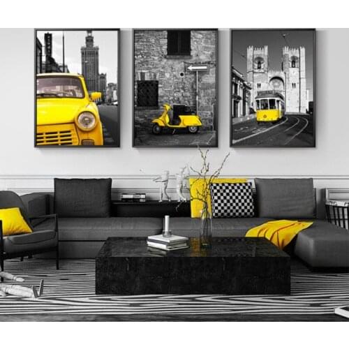Nordic Fashion Trendy Decorative Posters Canvas Paintings Yellow Cars And Black And White Cities Landscapes Wall Art Picture
