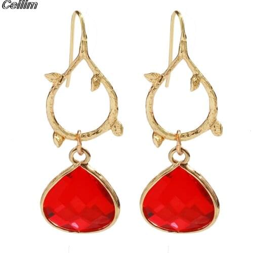 Bohemian Birthstone Crystal Water Drop Earrings For Women Colorful Metal Leaf Teardrop Dangle Earrings Wedding Party Jewelry