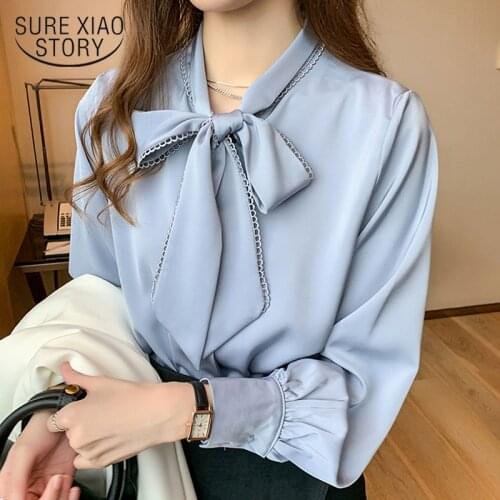 Satin Chiffon Blouse Women 2020 Autumn Fashion Korean Tops Loose Long Sleeve Shirt White Blue Office Lady Clothes with Bow 10691