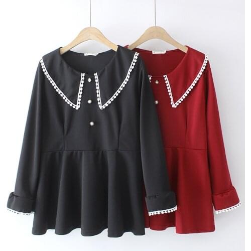 GEMUTLICH Women Big Size Long Sleeves Blouse Peter Pan Collar Loose Fashion Autumn Lace Patchwork Top Shirt Pullover Sweet Style