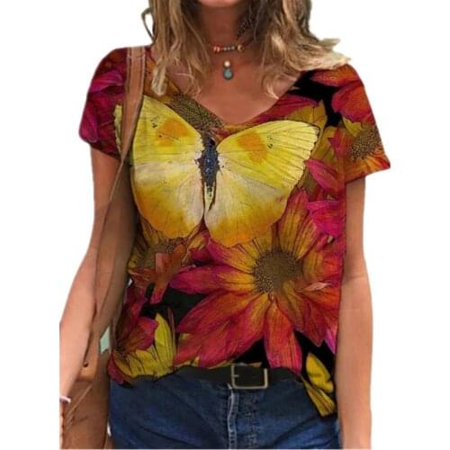 Fashion Flower Print Women Summer T Shirt Casual V-Neck Short Sleeve Ladies Plus Size Tops 3XL Loose Female Streetwear T Shirts