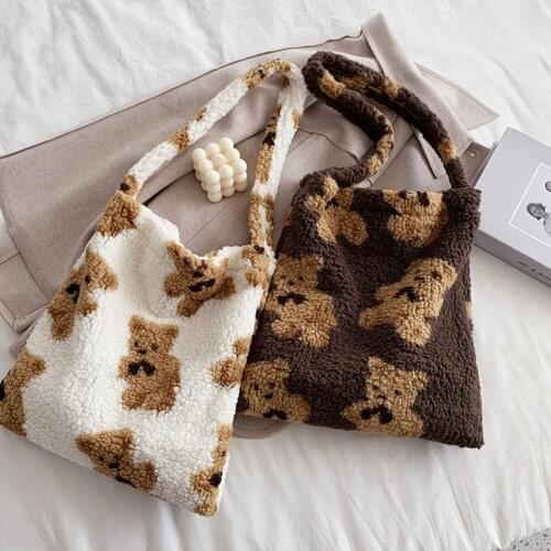 Fashion Plush Underarm Bags Women Cartoon Bear Print Ladies Handbags Portable Large Capacity Shoulder Top-handle