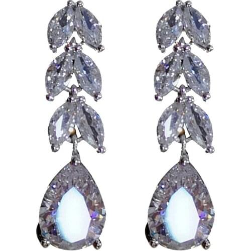Women Fashion Party Leaf Water Drop Shape Earring Cubic Zirconia Pendant Stud Earrings