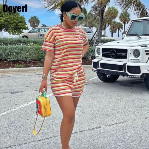 Casual Summer Two Piece Set Women Outfits Tracksuit Elastic 2 Piece Striped TShirt Biker Short Sets for Women Matching Sets 2021