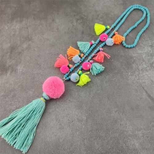 Bohemia Ethnic Long Shell Tassel Pendant Necklace Pom Pom Ball Necklaces stone Chain Women Boho Jewelry collier femme
