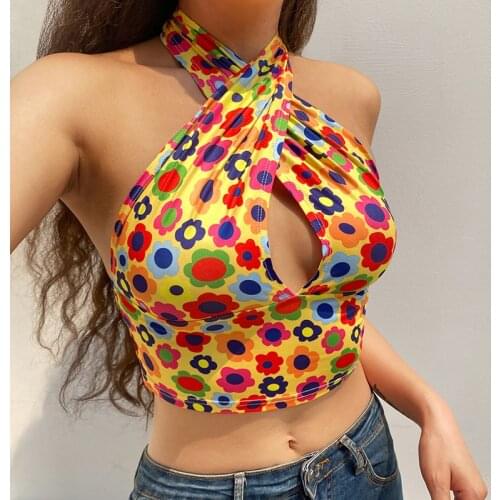 ZLDRESS Floral Halter Top y2k Aesthtic Crop Top V Neck Camis Women Beach Holiday Tops Vintage Sweats Streetwear Summer Tee